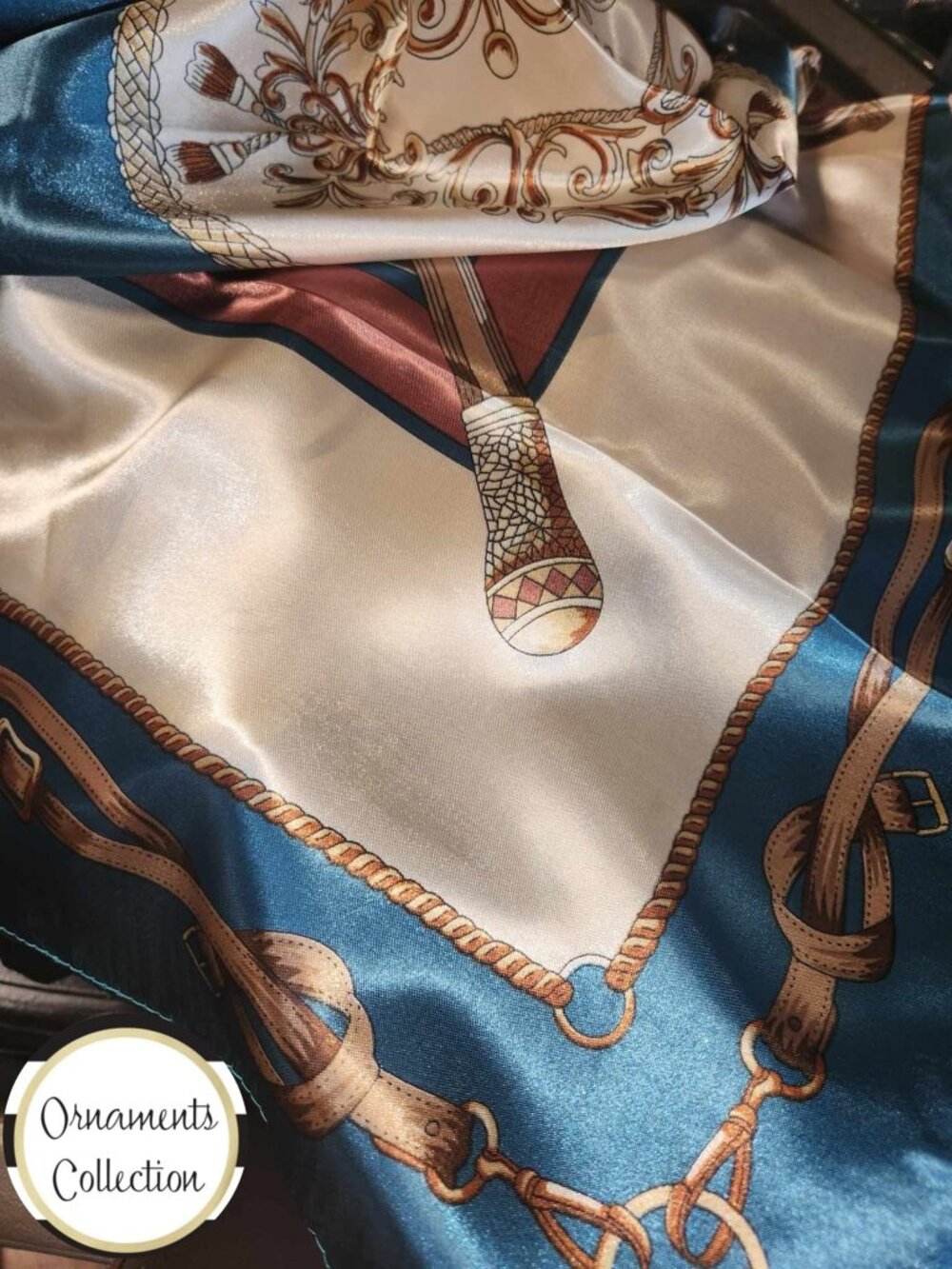 Equestrian SCARF TEAL & Salmon Poly-Silk 36” Square WIld Rag New ORNAMENTS